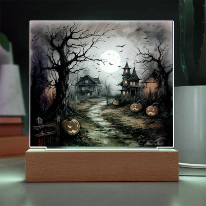 Shadowy Stronghold: Unique Mansion Halloween Acrylic Lighted Plaque