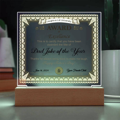 Gift for Dad Award of Excellence for Dad Joke of the Year Personalized Acrylic Plaque