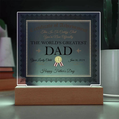 Father's Day Gift Certificate of Achievement for The World's Greatest Dad Personalized Acrylic Plaque