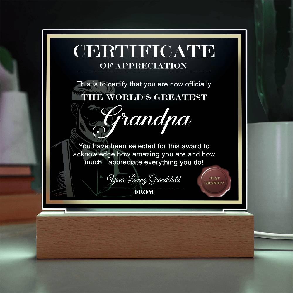 Certificate of Appreciation - The World's Greatest Grandpa Acrylic Plaque