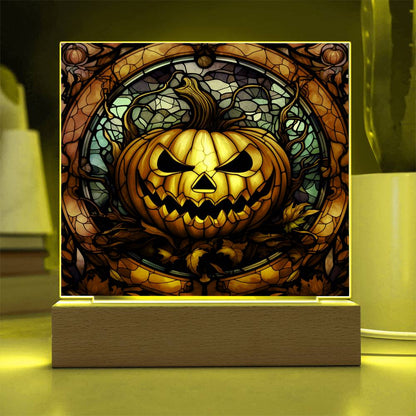 Halloween Pumpkin Stained-Glass Acrylic Square Plaque with LED Wooden Base