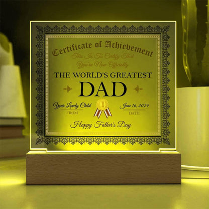 Father's Day Gift Certificate of Achievement for The World's Greatest Dad Personalized Acrylic Plaque