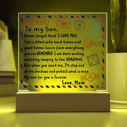 Letter To My Son, Love, Mom Acrylic Square Plaque with LED Wooden Base