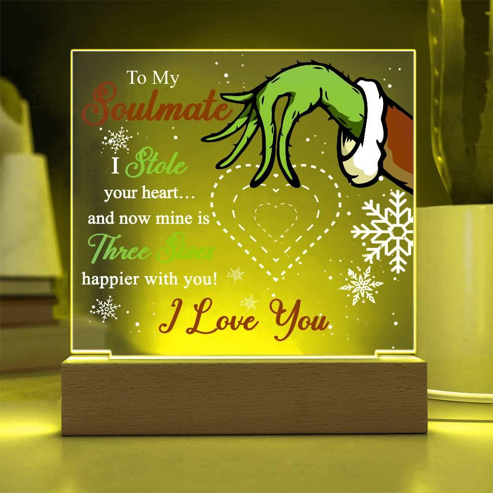 Soulmate Gift - Stole My Heart - Christmas Acrylic Plaque with Lighted LED wooden Base