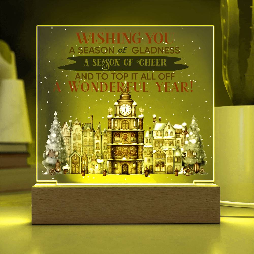 Wishing You a Season of Gladness Holiday Acrylic Plaque with Lighted LED Wooden Base