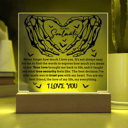 Soulmate - True Security - Halloween Acrylic Square Plaque with LED Lighted Wooden Base