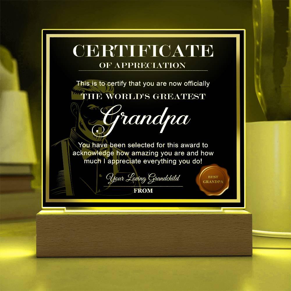 Certificate of Appreciation - The World's Greatest Grandpa Acrylic Plaque