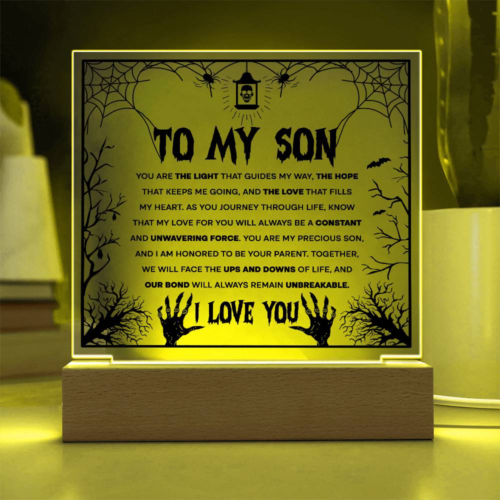 Son - Unwavering Force - Halloween Acrylic Square Plaque with LED Wooden Base