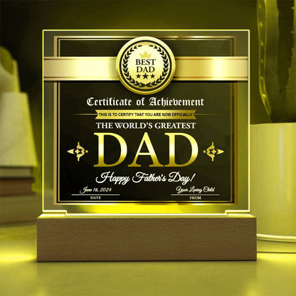 Certificate of Achievement for the World's Greatest Dad Personalized Acrylic Plaque