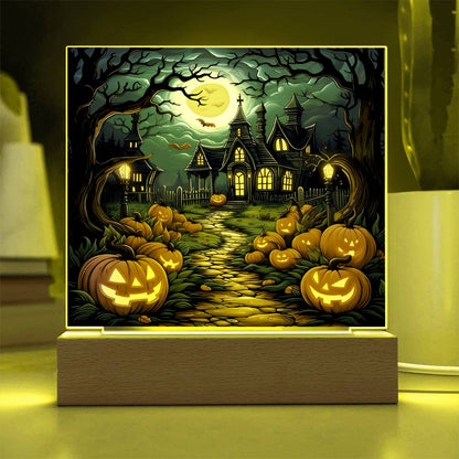 Halloween Decor Haunted Mansion Acrylic Square Plaque with LED Wooden Base