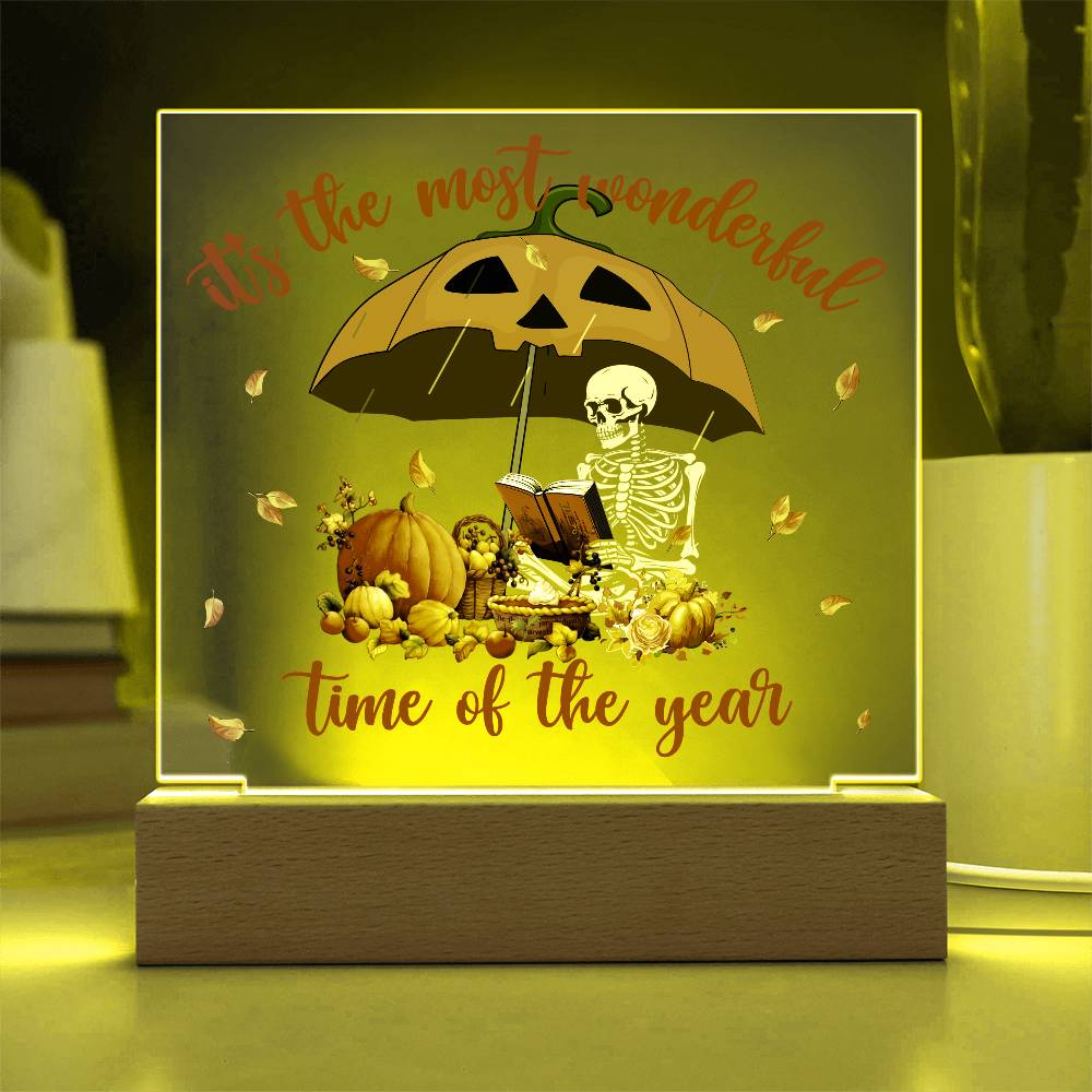 Halloween Decor - Most Wonderful Time of The Year Acrylic Square Plaque with LED Wooden Base