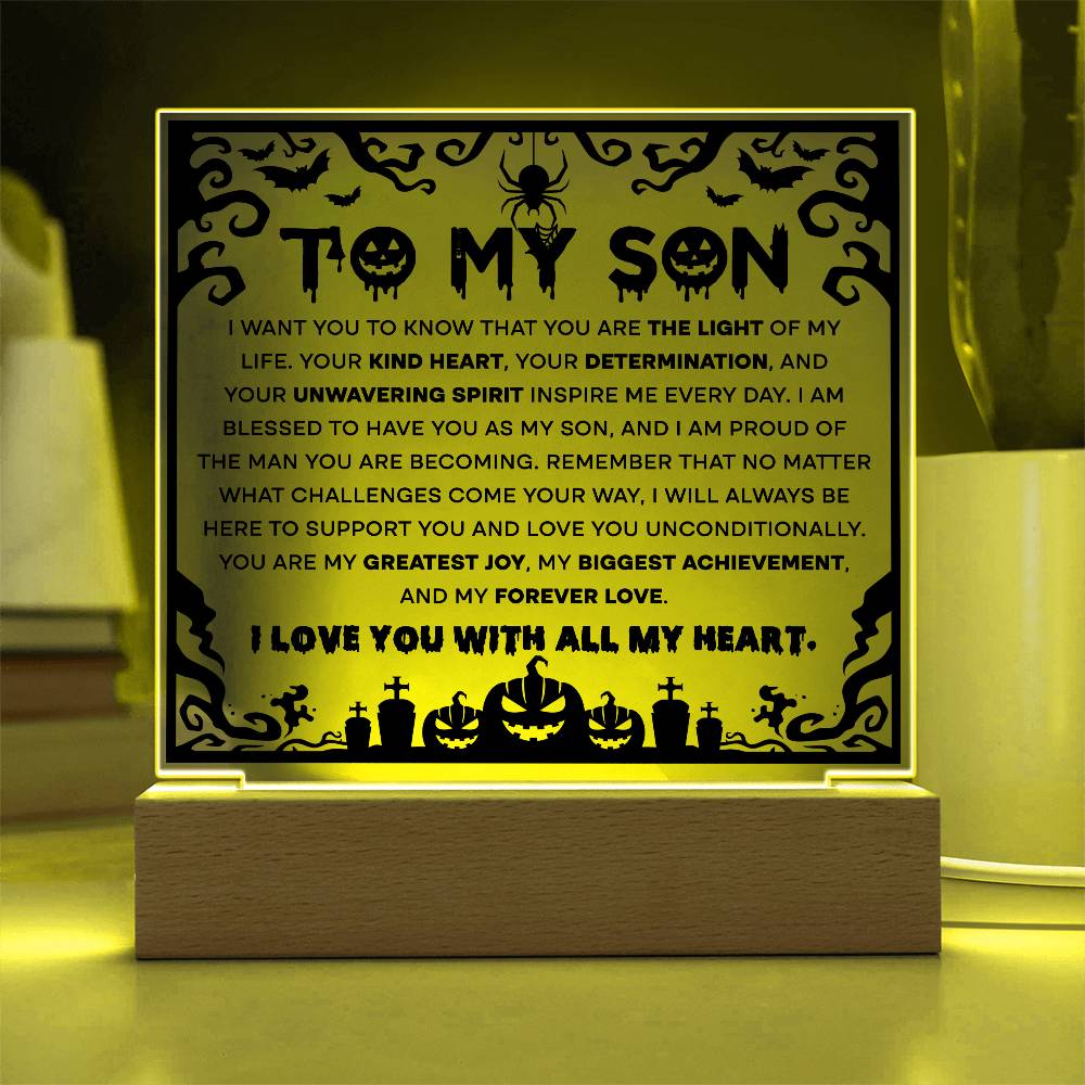 Son - Proudest Achievement - Halloween Acrylic Square Plaque with LED Wooden Base