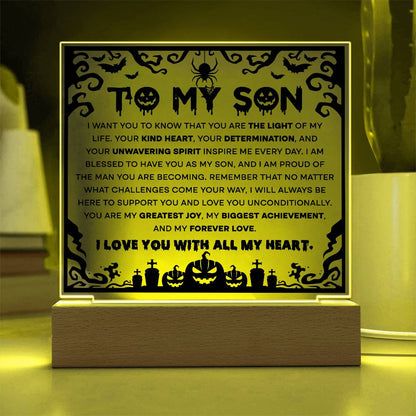 Son - Proudest Achievement - Halloween Acrylic Square Plaque with LED Wooden Base