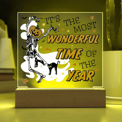 Halloween Decor - The Most Wonderful Time of the Year Acrylic Square Plaque with LED Wooden Base