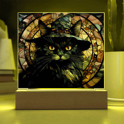 Halloween Decor - Spooky Black Cat Acrylic Square Plaque with LED Wooden Base