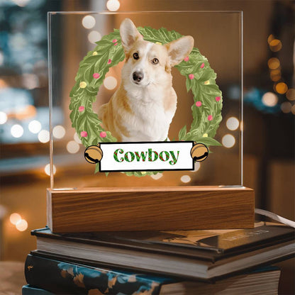 Pet Personalized Holiday Wreath Photo Upload Keepsake Acrylic Plaque with Lighted LED Wooden Base