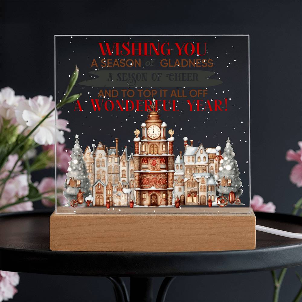 Wishing You a Season of Gladness Holiday Acrylic Plaque with Lighted LED Wooden Base