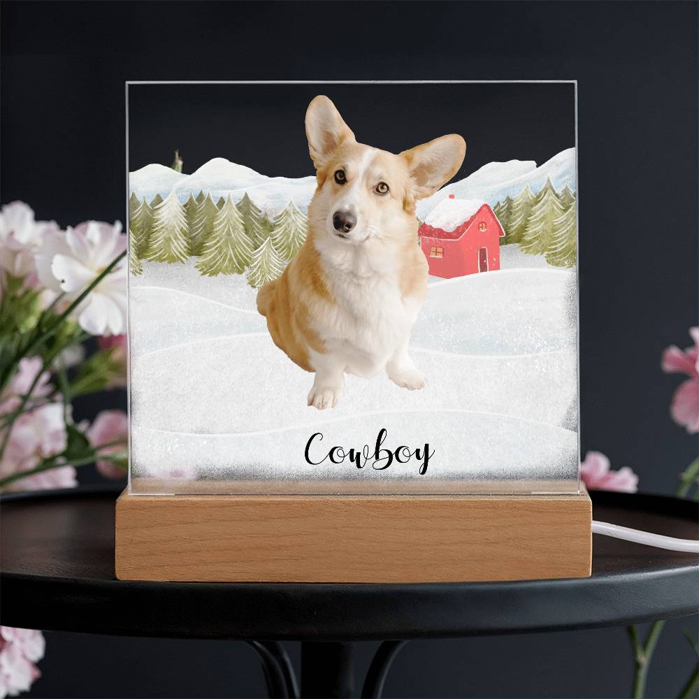 Pet Personalized Holiday Photo Upload Acrylic Plaque with Lighted LED Wooden Base