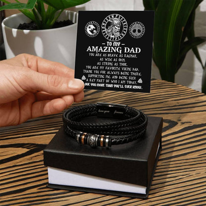 Gift for Dad - Viking Dad Brave as Ragnar Black Braided Leather Men's Bracelet