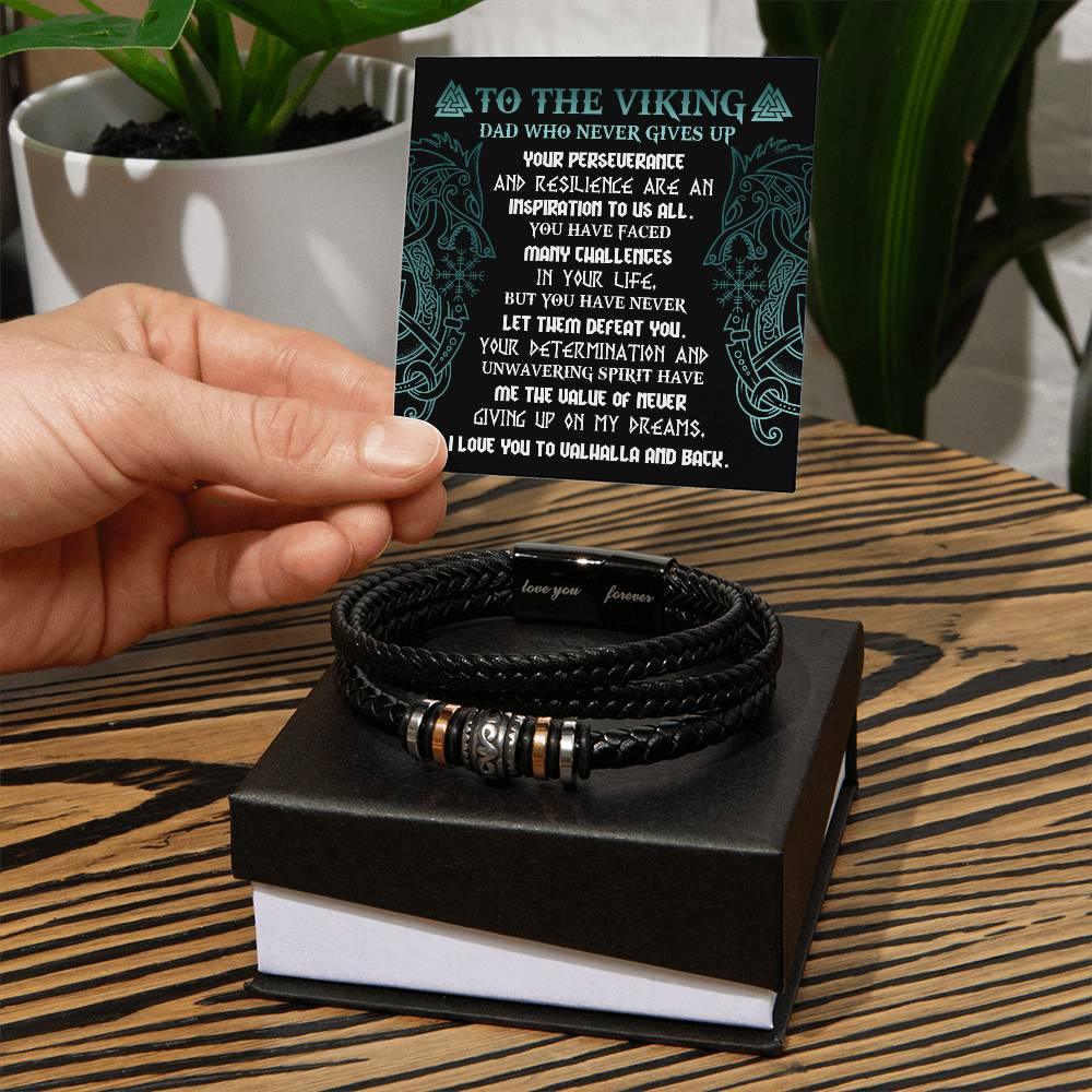 To My Viking Dad - Never Giving Up - Black Braided Leather Men's Bracelet