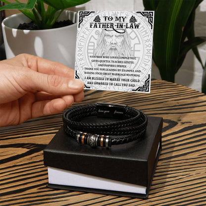 Gift for Father-in-Law - Thank You for Leading By Example - Black Braided Leather Men's Bracelet