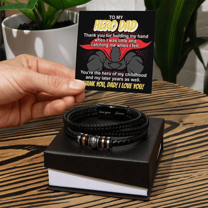 Dad Gift - To My Hero Dad Catching Me When I Fell - Braided Leather Men's Bracelet