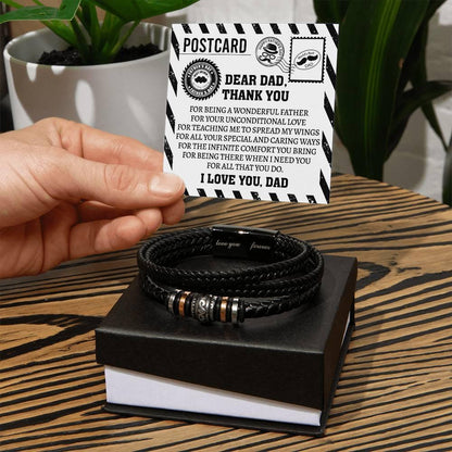 Dad Postcard Gift-Thank You for Teaching Me to Spread My Wings -Braided Leather Men's Bracelet