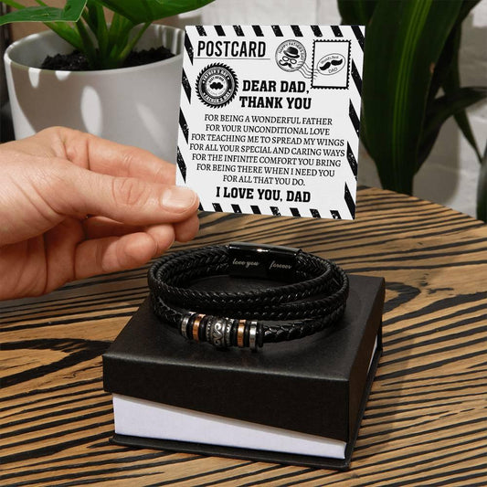 Dad Postcard Gift-Thank You for Teaching Me to Spread My Wings -Braided Leather Men's Bracelet