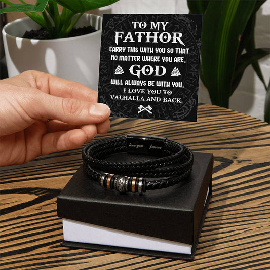 Dad Gift - To My Fathor -God Will Always Be With You-To Valhalla Viking Braided Leather Men's Bracelet