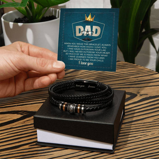 Dad Gift - I Will Never Outgrow Your Heart Braided Leather Men's Bracelet