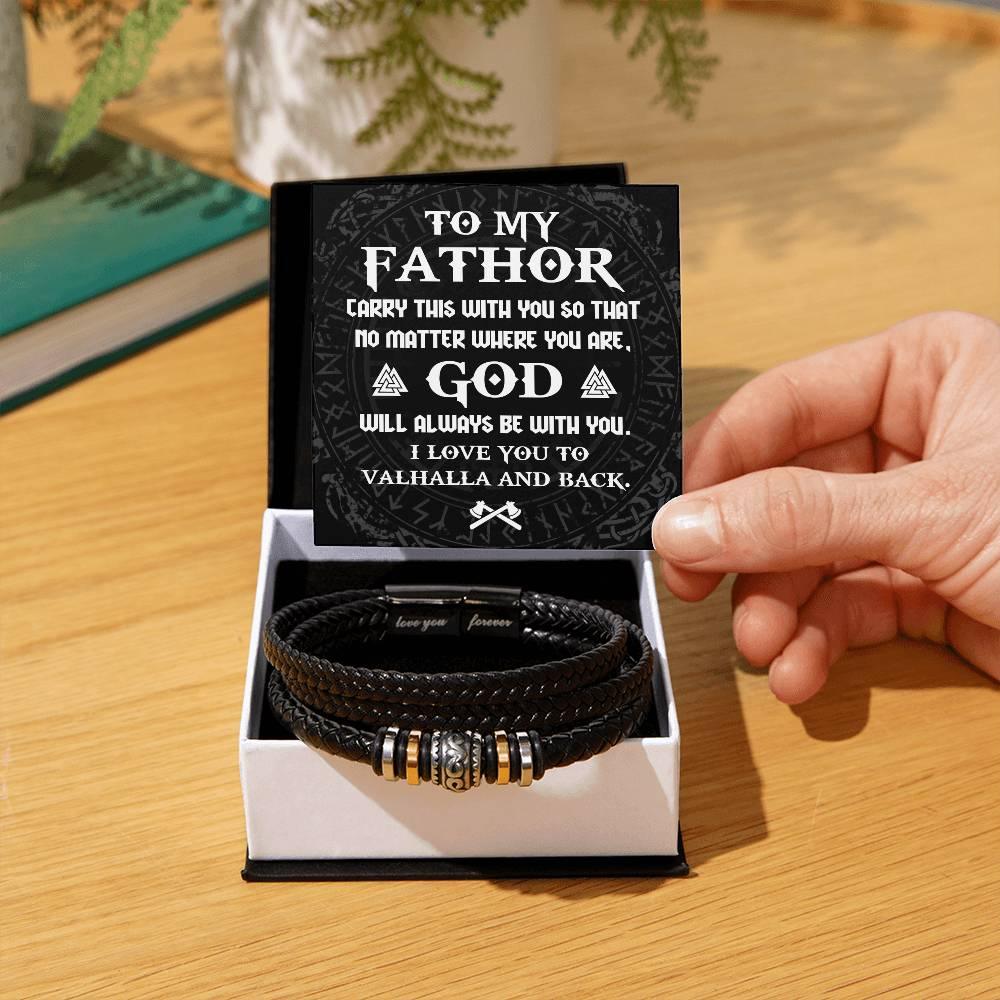 Dad Gift - To My Fathor -God Will Always Be With You-To Valhalla Viking Braided Leather Men's Bracelet