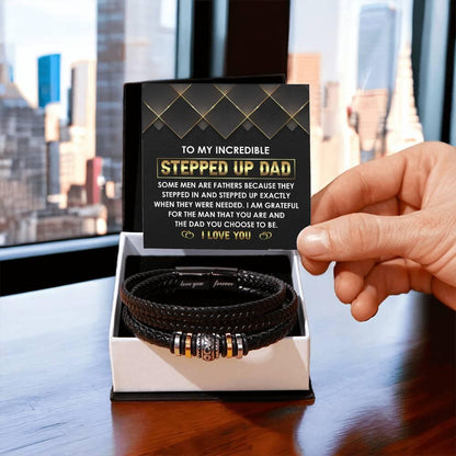 To My Incredible Stepped Up Dad - The Dad You Choose to Be Men's Leather Bracelet with Gift Box