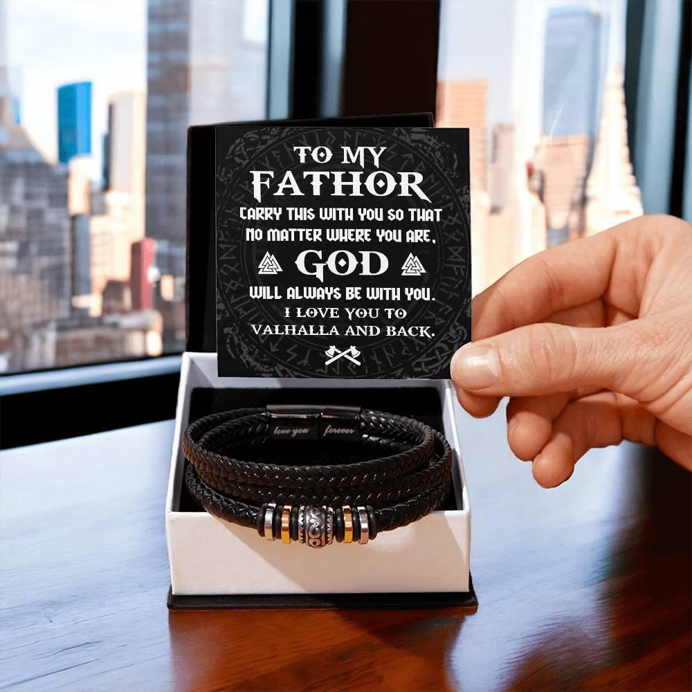 Dad Gift - To My Fathor -God Will Always Be With You-To Valhalla Viking Braided Leather Men's Bracelet