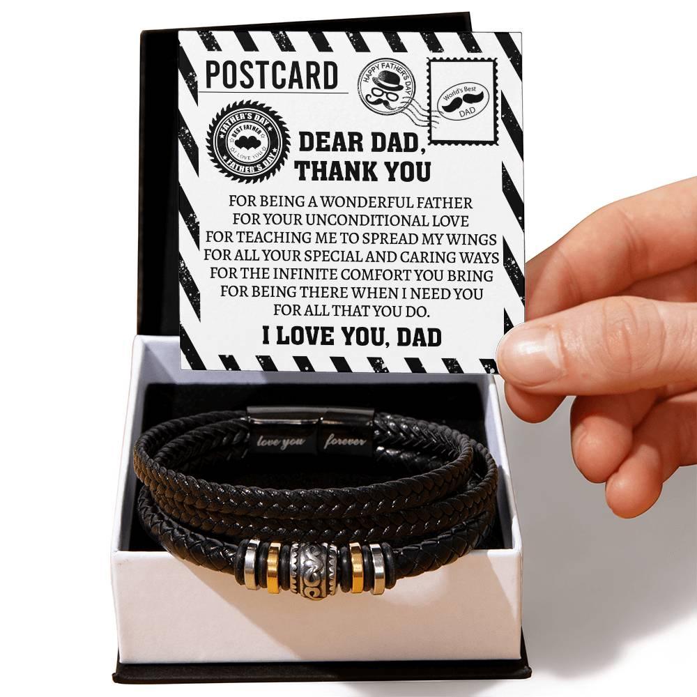 Dad Postcard Gift-Thank You for Teaching Me to Spread My Wings -Braided Leather Men's Bracelet