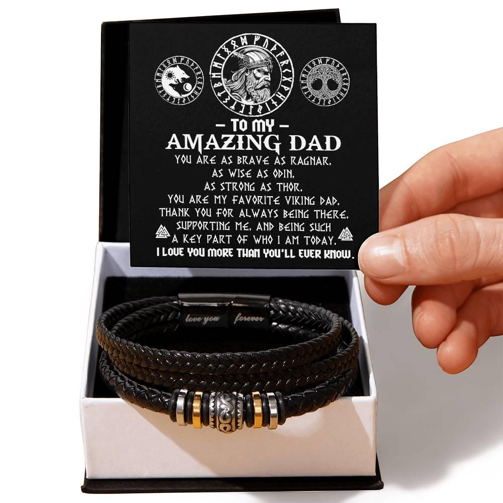 Gift for Dad - Viking Dad Brave as Ragnar Black Braided Leather Men's Bracelet