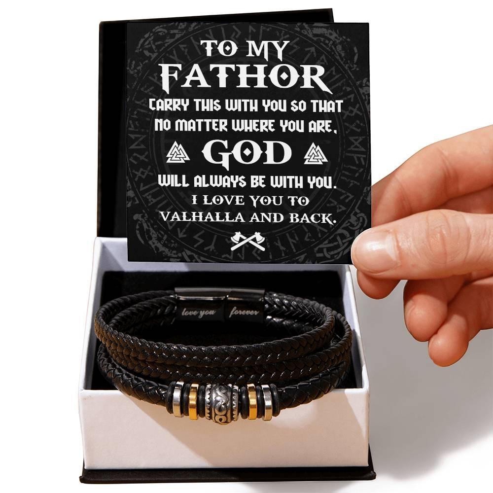 Dad Gift - To My Fathor -God Will Always Be With You-To Valhalla Viking Braided Leather Men's Bracelet