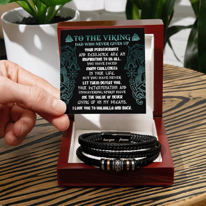 To My Viking Dad - Never Giving Up - Black Braided Leather Men's Bracelet