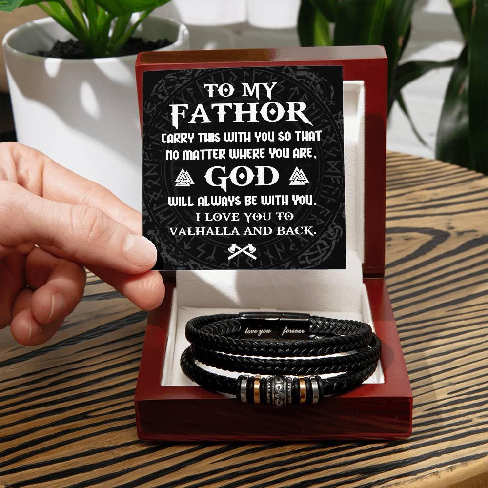 Dad Gift - To My Fathor -God Will Always Be With You-To Valhalla Viking Braided Leather Men's Bracelet