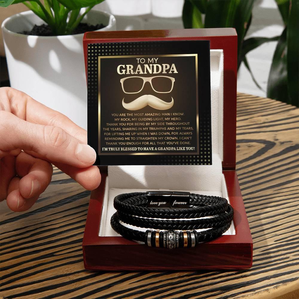 To My Grandpa - My Rock My Guiding Light My Hero Men's Leather Bracelet