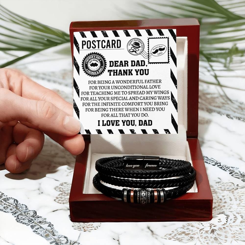 Dad Postcard Gift-Thank You for Teaching Me to Spread My Wings -Braided Leather Men's Bracelet