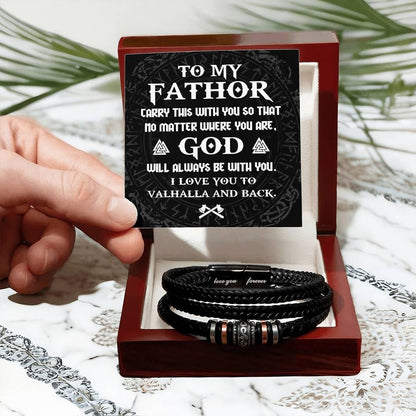 Dad Gift - To My Fathor -God Will Always Be With You-To Valhalla Viking Braided Leather Men's Bracelet