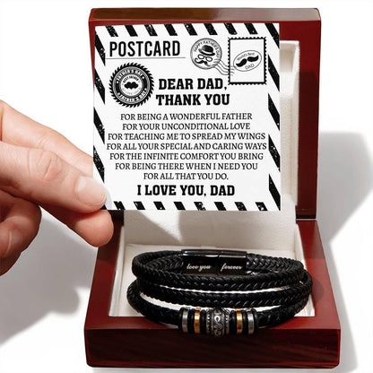 Dad Postcard Gift-Thank You for Teaching Me to Spread My Wings -Braided Leather Men's Bracelet