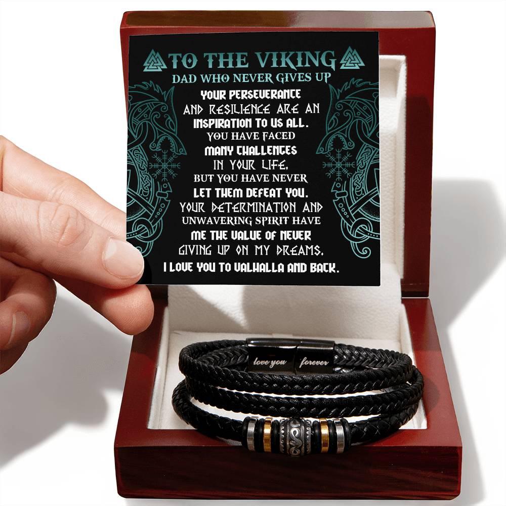 To My Viking Dad - Never Giving Up - Black Braided Leather Men's Bracelet