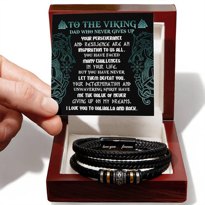 To My Viking Dad - Never Giving Up - Black Braided Leather Men's Bracelet