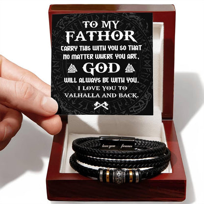 Dad Gift - To My Fathor -God Will Always Be With You-To Valhalla Viking Braided Leather Men's Bracelet