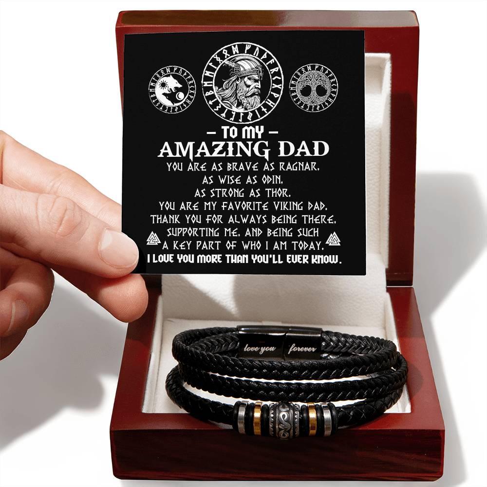 Gift for Dad - Viking Dad Brave as Ragnar Black Braided Leather Men's Bracelet