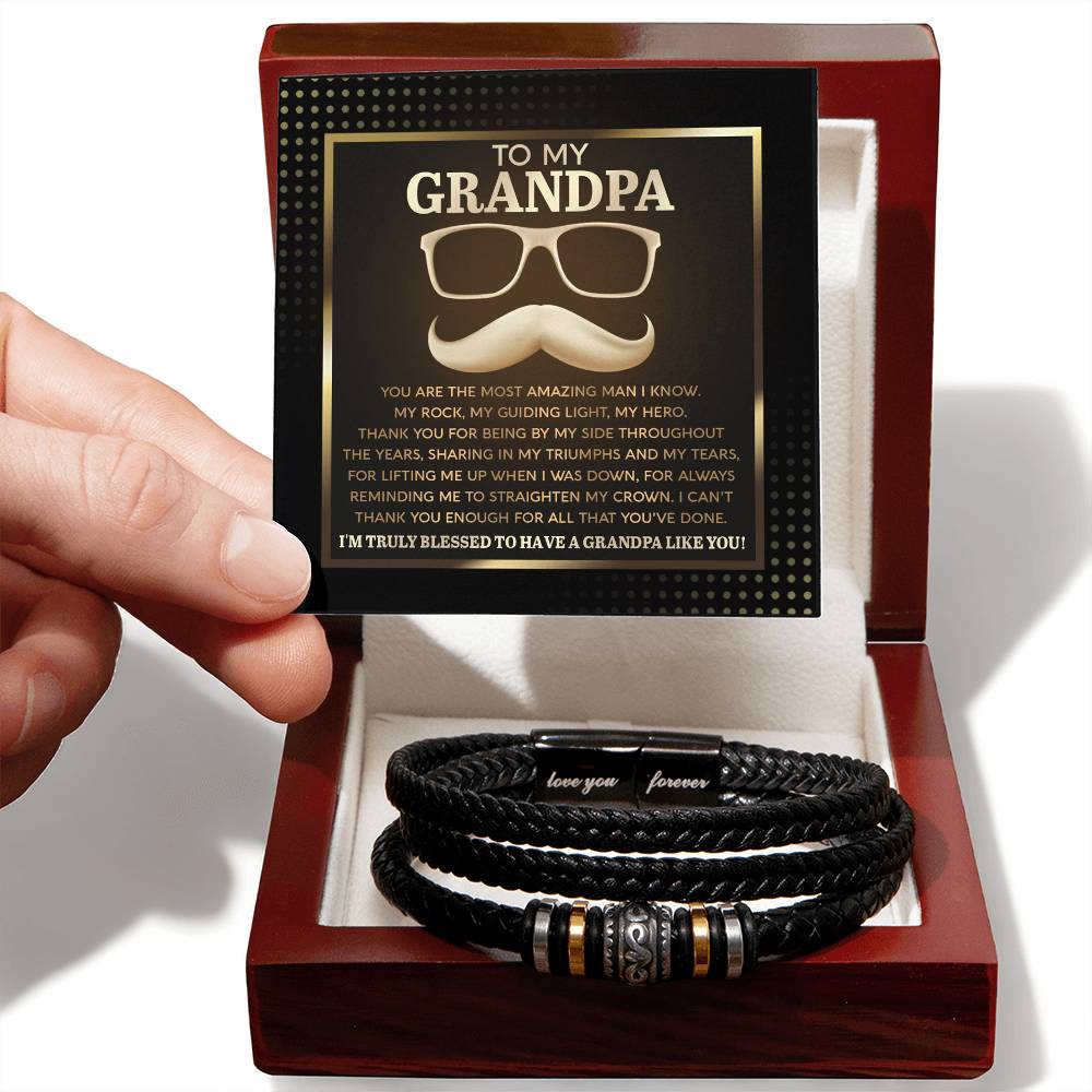 To My Grandpa - My Rock My Guiding Light My Hero Men's Leather Bracelet