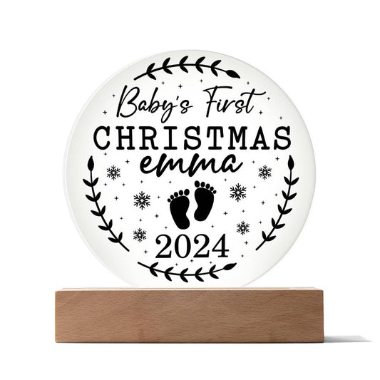 Baby's First Christmas Personalized Acrylic Plaque with Wood or LED Lighted Base