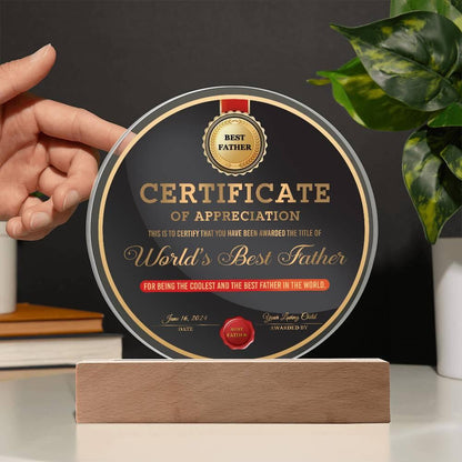 Certificate of Appreciation for the World's Best Father Acrylic Plaque Personalized Father's Day Gift