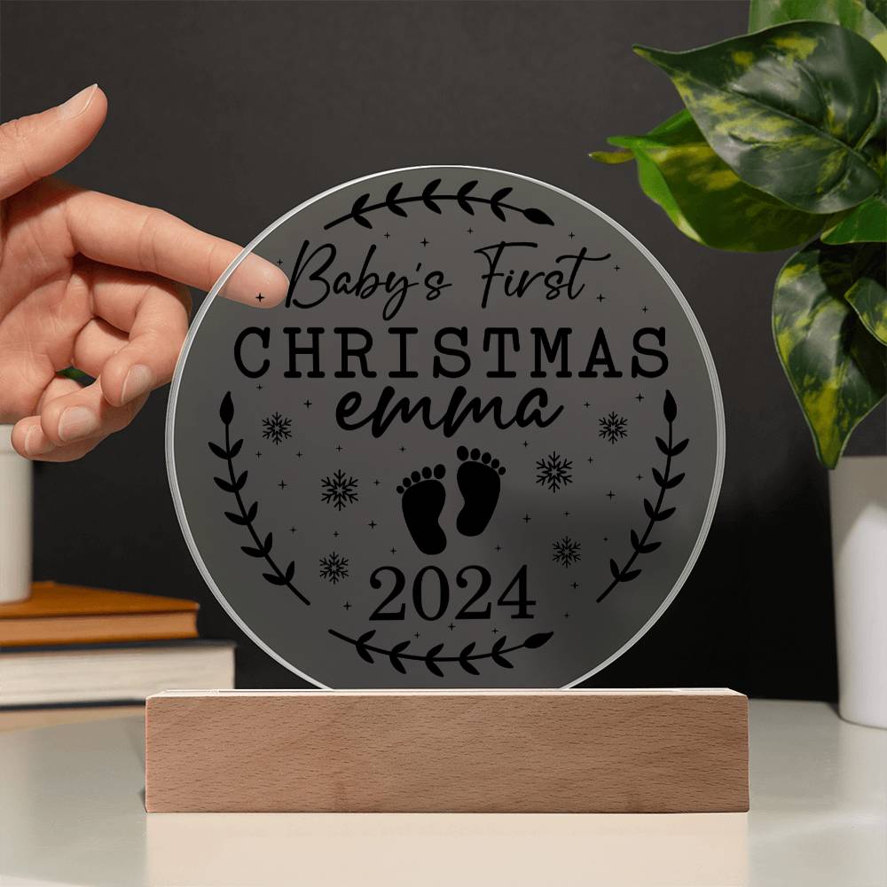 Baby's First Christmas Personalized Acrylic Plaque with Wood or LED Lighted Base
